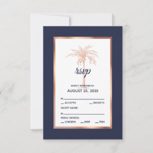 Tarjeta De Confirmación De Asistencia Boda de Playa de Palm Tree de Oro Rosa Azul Marina