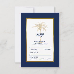 Tarjeta De Confirmación De Asistencia Boda de playa elegante con palma dorada y azul mar
