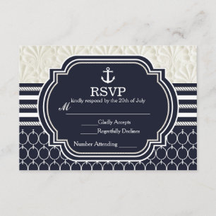 Tarjeta De Confirmación De Asistencia Boda de playa elegante náutica de azul marino y bl