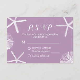 Tarjeta De Confirmación De Asistencia Boda de playa Starfish Purple y Dólar de arena RSV