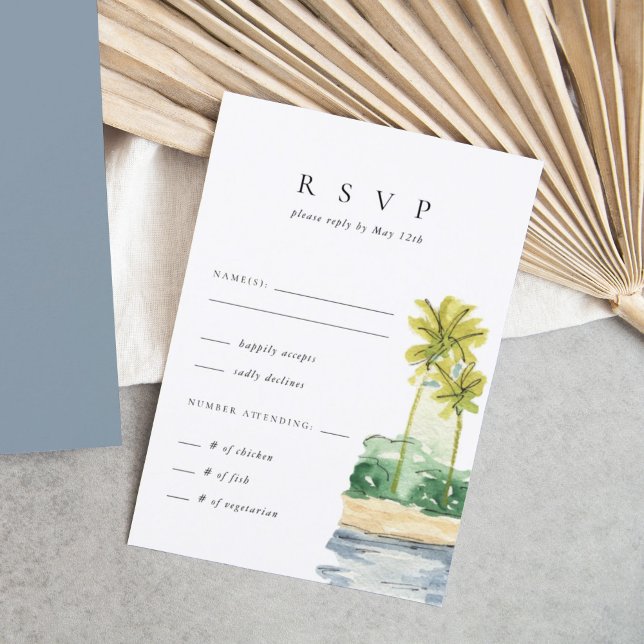 Tarjeta De Confirmación De Asistencia Boda de Playa Tropical de Palmeras (Watercolor palm trees beach scene tropical wedding RSVP response enclosure card.)