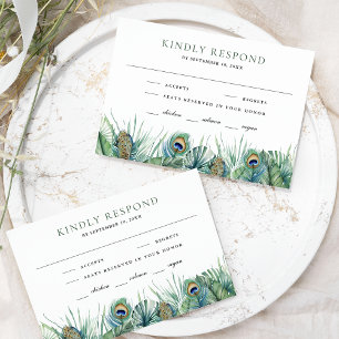 Tarjeta De Confirmación De Asistencia Boda de plumas de pavo real tropical verde indio