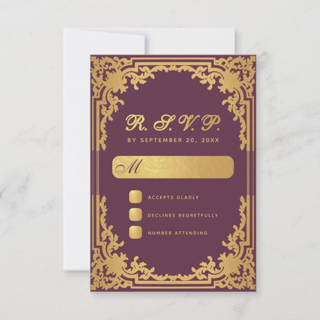 Tarjeta De Confirmación De Asistencia Boda de Relieve metalizado dorado de imitación de  (Anverso)