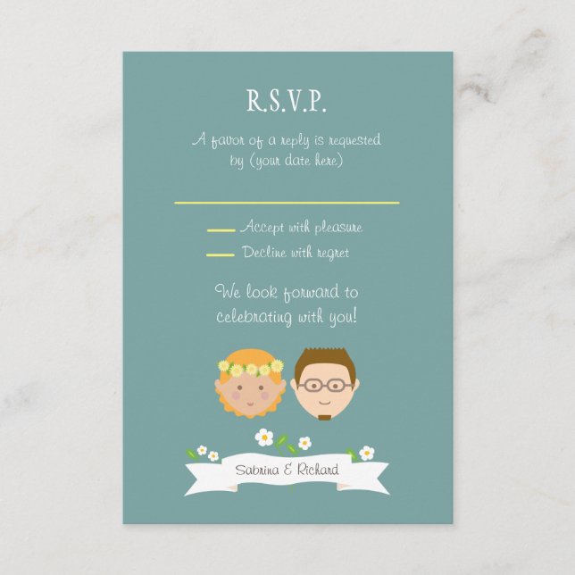 Tarjeta De Confirmación De Asistencia Boda de retrato de pareja Personalizado ilustrado (Anverso)