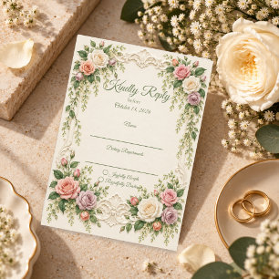 Tarjeta De Confirmación De Asistencia Boda de Rosa Barroca Elegante con Toque Rosado