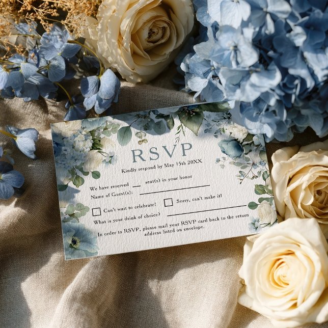 Tarjeta De Confirmación De Asistencia Boda de Rosa de marfil Rustic Elegant Blue Hydrang (Rustic Elegant Blue Hydrangea Ivory Rose Wedding RSVP Card)