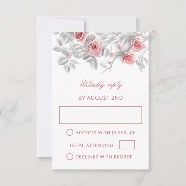 Tarjeta De Confirmación De Asistencia Boda de rosas 3D rosadas (Anverso)