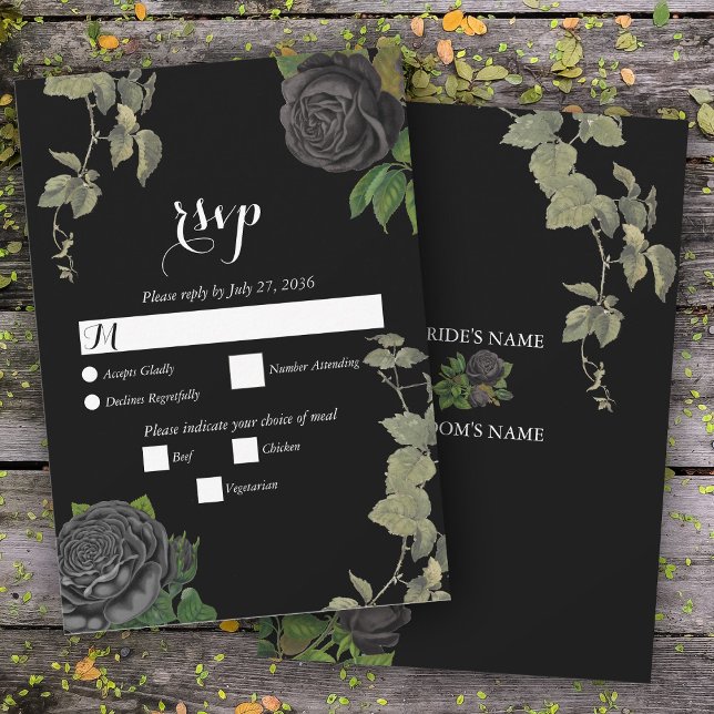 Tarjeta De Confirmación De Asistencia Boda de Rosas negros en Halloween gótico (Gothic Halloween Black Roses Wedding RSVP Card)