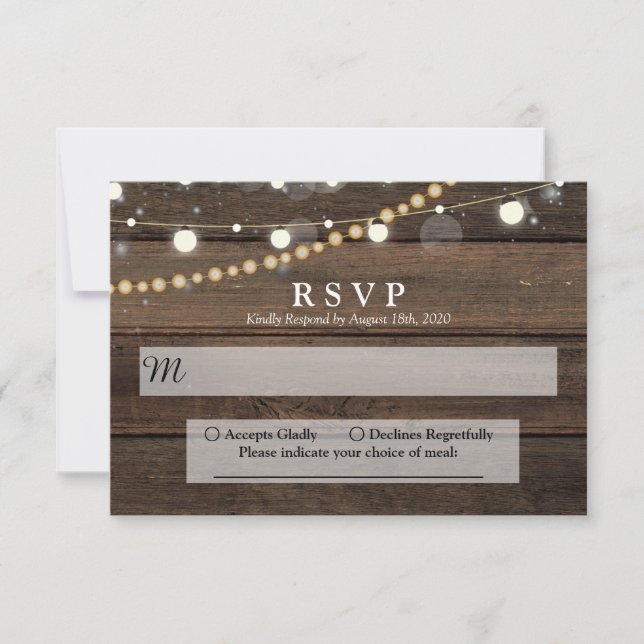 Tarjeta De Confirmación De Asistencia Boda de Rustic Barn Wood String Lights (Anverso)