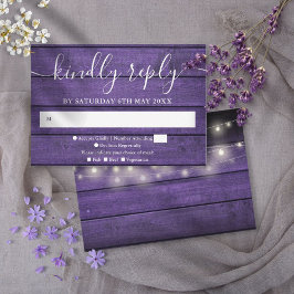 Tarjeta De Confirmación De Asistencia Boda de Rustic Purple Wood String Lights