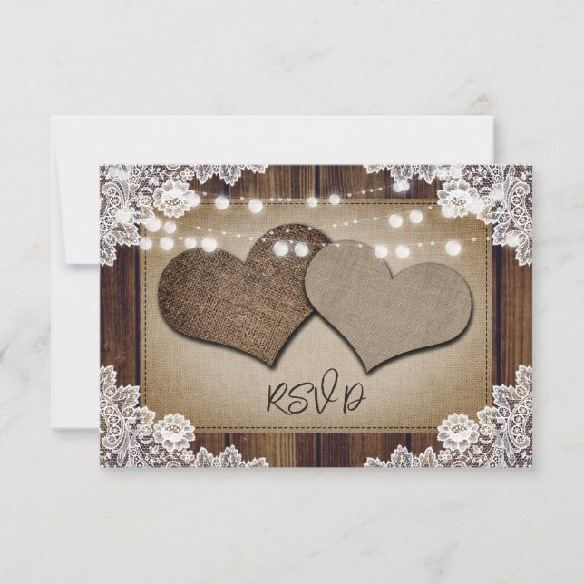 Tarjeta De Confirmación De Asistencia Boda de Rustic Wood Burlap String Lights (Anverso)