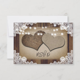 Tarjeta De Confirmación De Asistencia Boda de Rustic Wood Burlap String Lights
