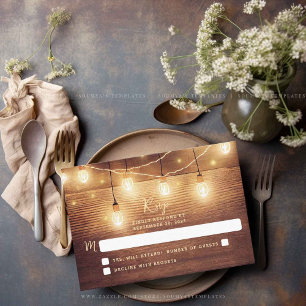 Tarjeta De Confirmación De Asistencia Boda de Rústico Country Wood String Lights