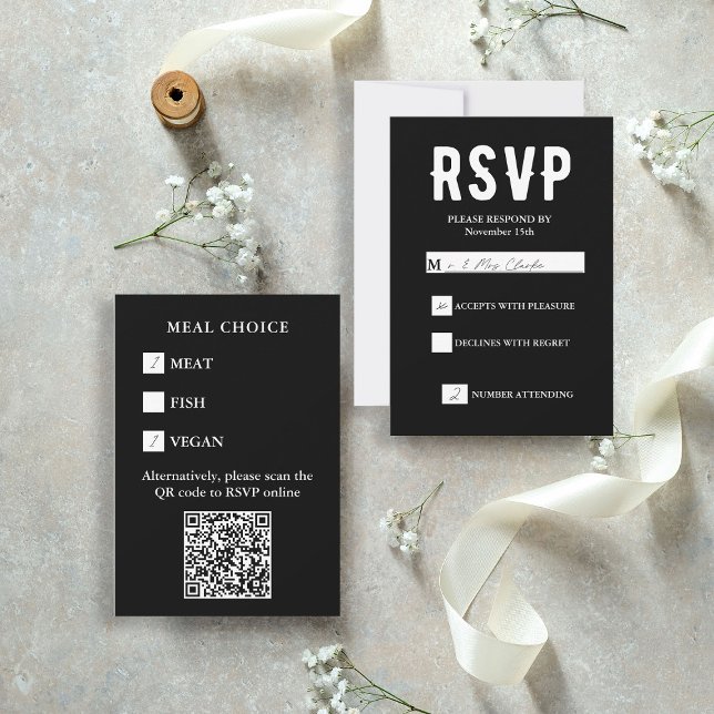 Tarjeta De Confirmación De Asistencia Boda de selección de comidas para código QR negro (Black QR Code Meal Choice Wedding RSVP Card
)