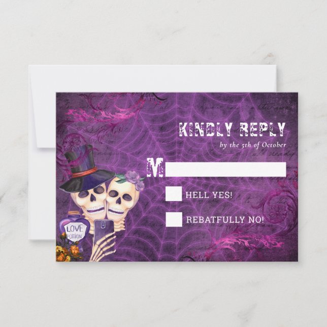 Tarjeta De Confirmación De Asistencia Boda de Skeleton Halloween (Anverso)