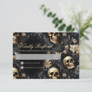 Tarjeta De Confirmación De Asistencia Boda de Skulls y Flores de Oro Gótico oscuro