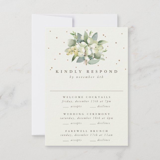 Tarjeta De Confirmación De Asistencia Boda de Snowberry negro + Eucalyptus multievento (Anverso)