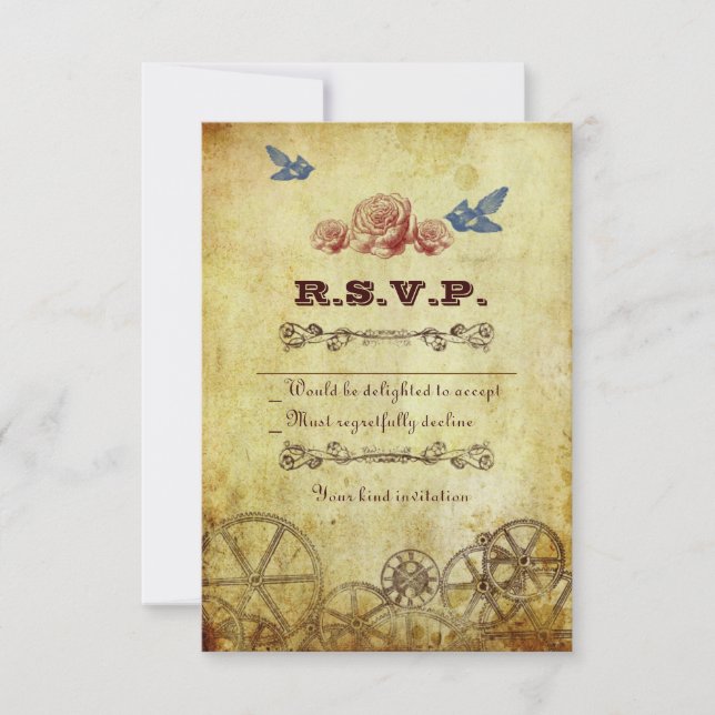 Tarjeta De Confirmación De Asistencia Boda de Steampunk de Faux Antique Gold (Anverso)