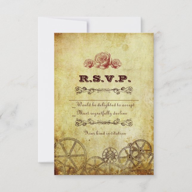 Tarjeta De Confirmación De Asistencia Boda de Steampunk de Faux Antique Gold (Anverso)