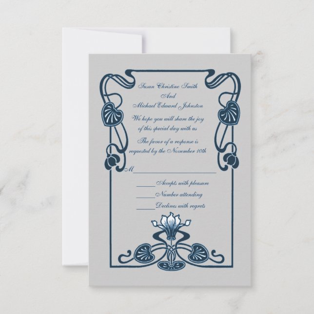 Tarjeta De Confirmación De Asistencia Boda de Swirls Floral Blue Silver (Anverso)