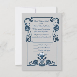 Tarjeta De Confirmación De Asistencia Boda de Swirls Floral Blue Silver