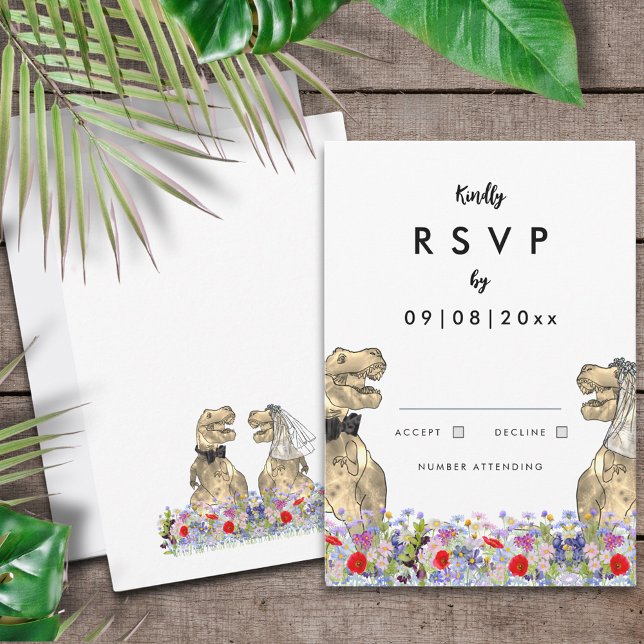 Tarjeta De Confirmación De Asistencia Boda de temas de dinosaurio (Dinosaur themed wedding RSVP enclosure card with T-Rex bride and groom & colorful wildflower meadow)