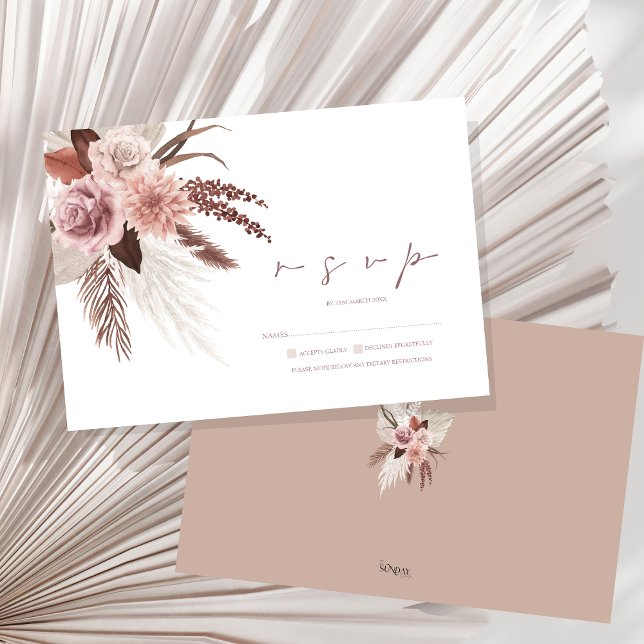 Tarjeta De Confirmación De Asistencia Boda de Terracotta de Grass Boho Pampas (Boho Dusty Pink Dried Flowers Pampas Grass Wedding RSVP Card)