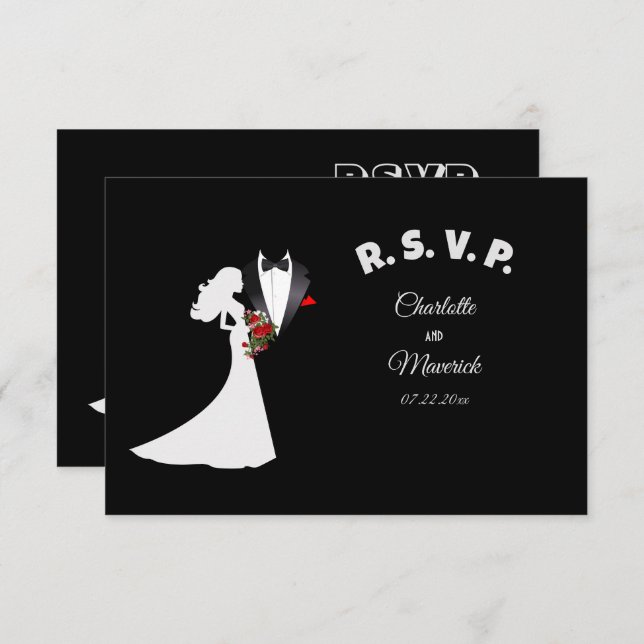 Tarjeta De Confirmación De Asistencia Boda de Tuxedo Suit & Bride Silhouette (Anverso / Reverso)
