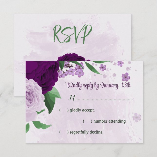 Tarjeta De Confirmación De Asistencia Boda de vegetación de flores moradas (Anverso / Reverso)