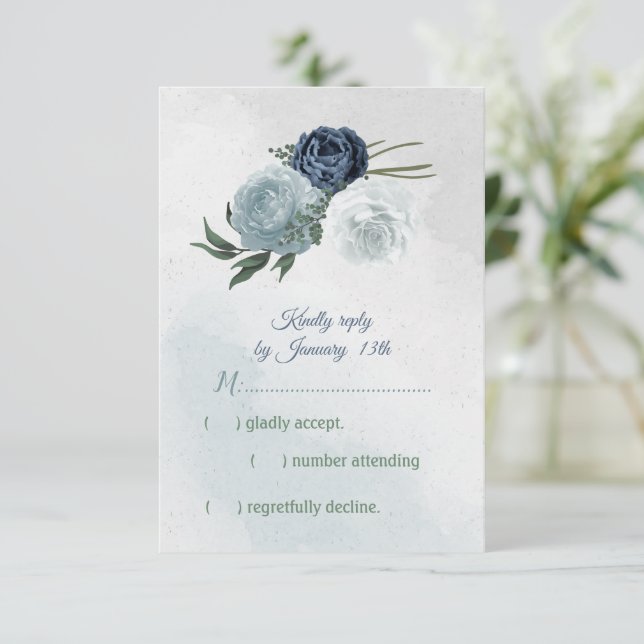 Tarjeta De Confirmación De Asistencia boda de vegetación floral blanca y azul (Anverso de pie)