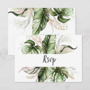 Tarjeta De Confirmación De Asistencia Boda de Verdor Tropical de Oro Floral Rosa de Rubo