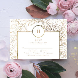 Tarjeta De Confirmación De Asistencia Boda de Wreath de Monograma de Oro Elegante Blanco