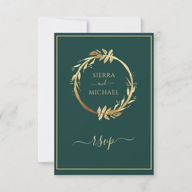 Tarjeta De Confirmación De Asistencia Boda de Wreath del eucalipto verde esmeralda dorad (Anverso)