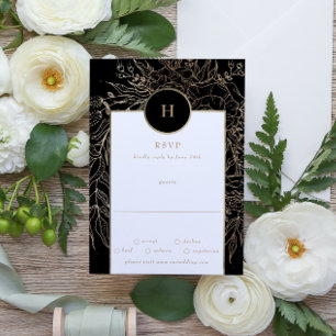 Tarjeta De Confirmación De Asistencia Boda de Wreath Premium Elegant Black Gold Monogram