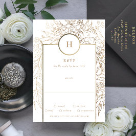 Tarjeta De Confirmación De Asistencia Boda de Wreath Premium Elegant Gold Monogram