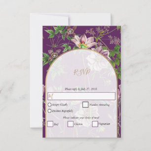 Tarjeta De Confirmación De Asistencia Boda del Arco de Oro Purple Floral Greenery