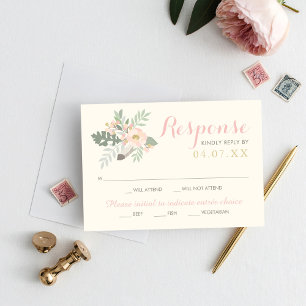 Tarjeta De Confirmación De Asistencia Boda del Boho floral marfileña rosa y dorada