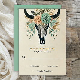 Tarjeta De Confirmación De Asistencia Boda del Boho Western Floral Bull Cow Skull