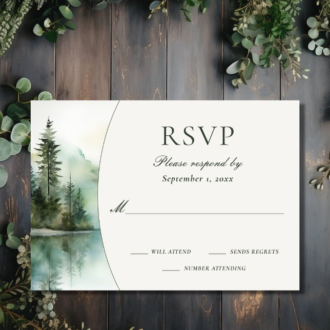 Tarjeta De Confirmación De Asistencia Boda del Bosque Acuático Rústico de Montaña (Front - Watercolor Rustic Mountain Lake Forest Wedding RSVP Card)