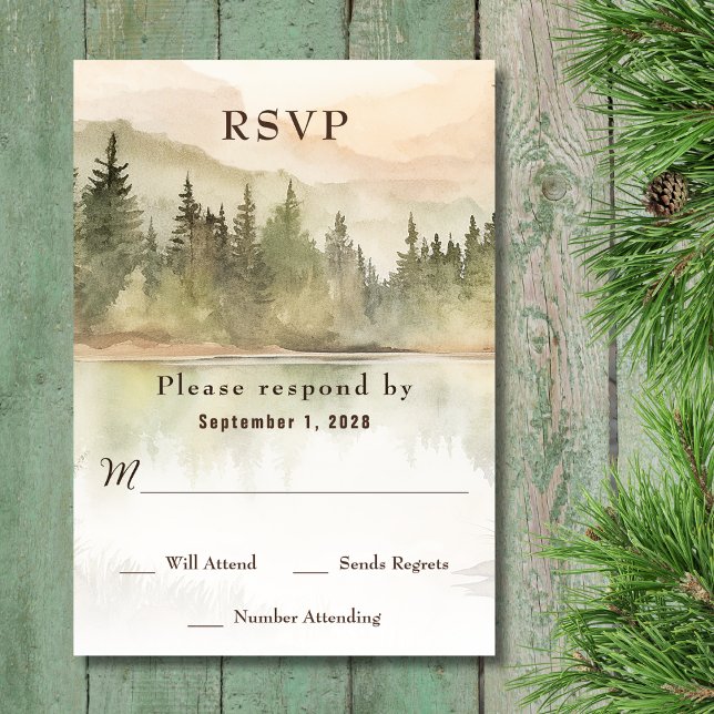 Tarjeta De Confirmación De Asistencia Boda del Bosque Acuático Rústico de Montaña (Front - Watercolor Rustic Mountain Lake Forest Wedding RSVP Card)