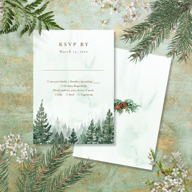 Tarjeta De Confirmación De Asistencia Boda del bosque de pinos de color acuático ruso (Rustic Watercolor Pine Tree Forest Wedding RSVP Card)