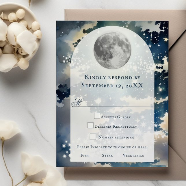 Tarjeta De Confirmación De Asistencia Boda del cielo nocturno lunar (Lunar Night Sky Wedding RSVP Card)
