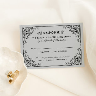 Tarjeta De Confirmación De Asistencia Boda del Deco de Plata Vintage y Arte Negro