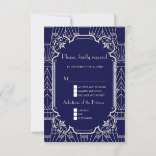 Tarjeta De Confirmación De Asistencia Boda del Luxury Silver Navy Blue Great 20s
