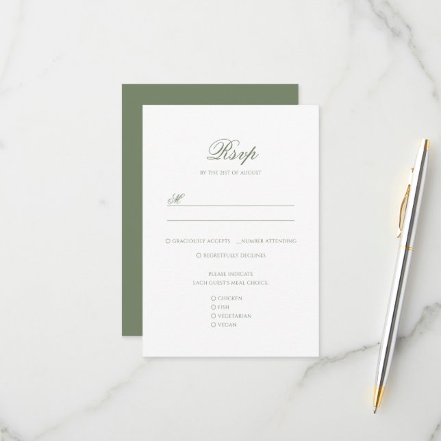 Tarjeta De Confirmación De Asistencia Boda del Monograma Verde y Leaf Blanco Sabio (Anverso/Reverso In Situ)