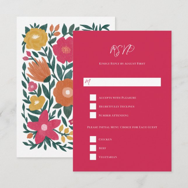 Tarjeta De Confirmación De Asistencia Boda del Naranja de negrita Florals Magenta (Anverso / Reverso)