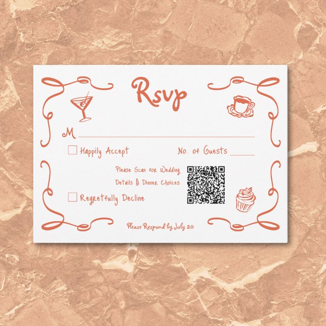 Tarjeta De Confirmación De Asistencia Boda del Naranja del atardecer con mano retro capr (Whimsical Retro Hand Drawn Sunset Orange Wedding RSVP Card)