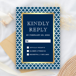 Tarjeta De Confirmación De Asistencia Boda del patrón de quatrefoil marroquí azul