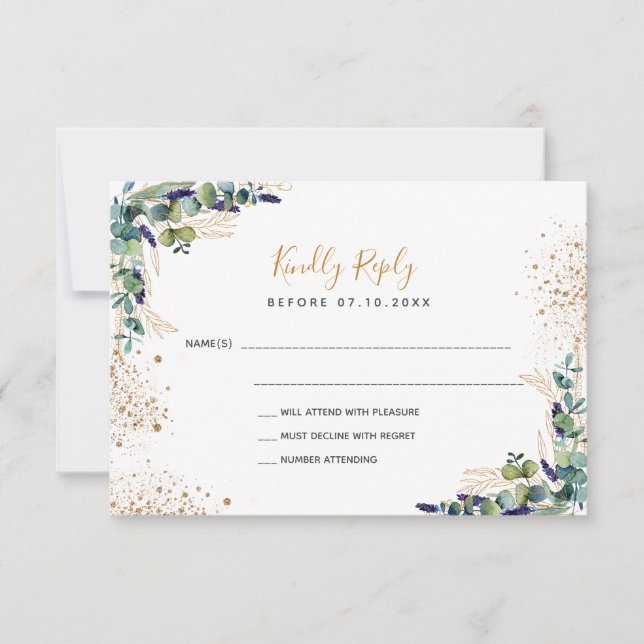 Tarjeta De Confirmación De Asistencia Boda del purpurina de oro Eucalyptus greenerenery (Anverso)