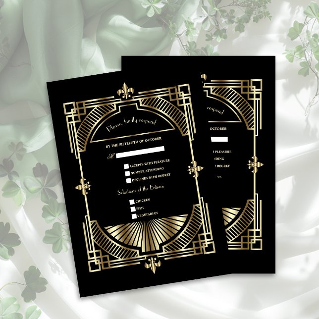 Tarjeta De Confirmación De Asistencia Boda del Royal Gold Fleur-de-lis Great Gatsby (Subido por el creador)